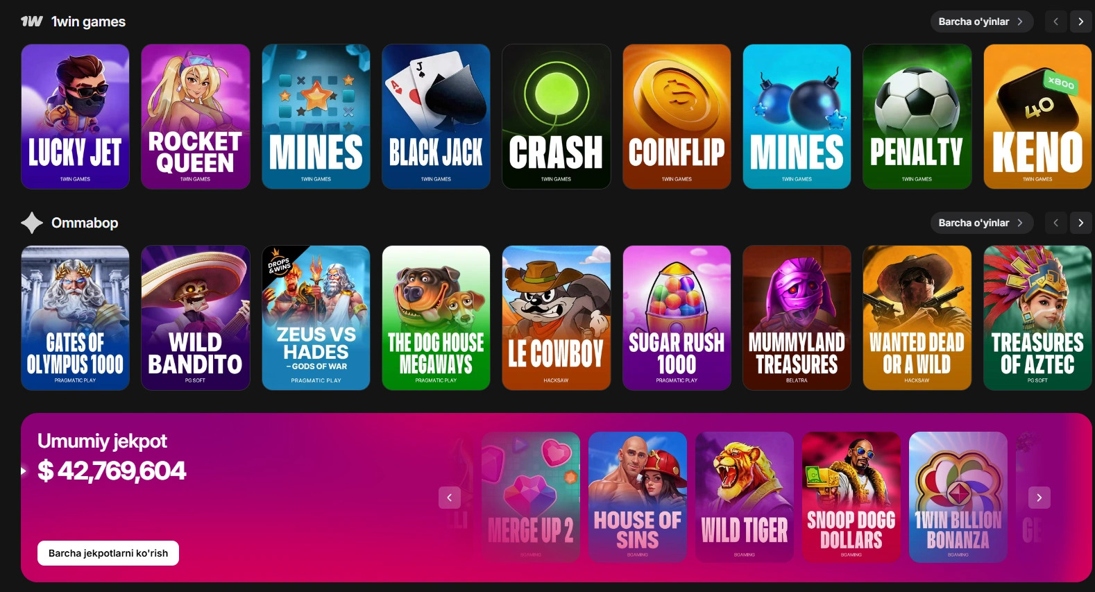 1win veb-saytidagi o'yin avtomatlari va slotlar